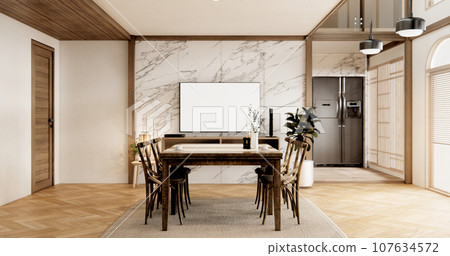 dinner room japanese style with long table and wooden chairs in room japandi. dinner room japanese style with long table and wooden chairs in room japandi. 107634572