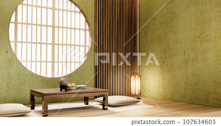 green design in modern living room with black low table ,lamp,vase, and decor Japanses style. green design in modern living room with black low table ,lamp,vase, and decor Japanses style. 107634603