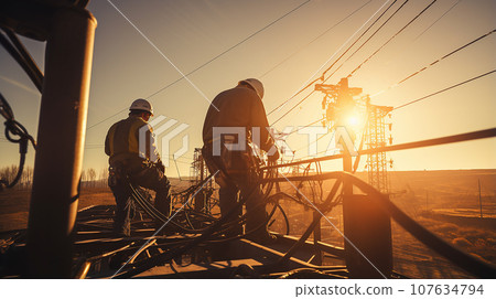 Workers wearing fall safety suits are doing maintenance work on high voltage pylons 107634794