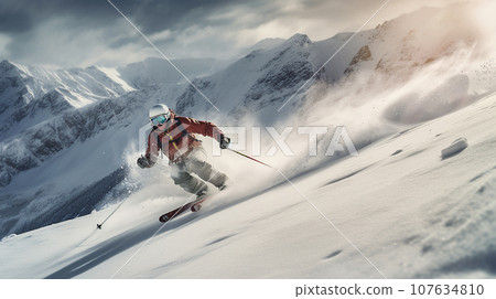 Skier skiing downhill in high mountains 107634810