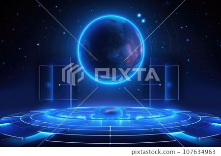 Abstract technology hud interface hologram elements neon lights, circle percent vitality innovation on hi tech future design. Generative AI 107634963