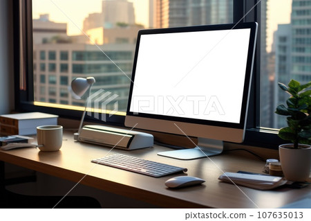 Blank screen monitor of Computer in office interior. Generative AI 107635013