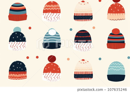 Wool hat on pattern background. Winter season. Generative AI 107635246