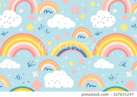 Cute rainbow on pattern background. Generative AI 107635247