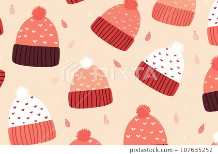 Wool hat on pattern background. Winter season. Generative AI Wool hat on pattern background. Winter season. Generative AI 107635252