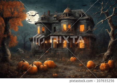 halloween night, old house in mystical forest, around pumpkins and flying bats, big full moon in dark sky, scary and fabulous, dark magic 107635256