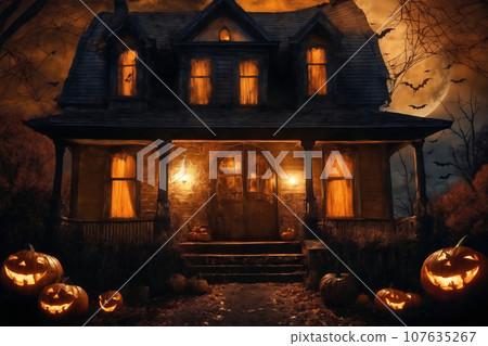 Halloween decorations on the porch of an old house exterior, jack o lantern pumpkins, abandoned place, night, autumn nature 107635267