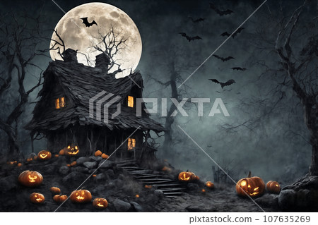 halloween night, old house in mystical forest, around pumpkins, flying bats on big full moon background, scary and fabulous, dark magic 107635269