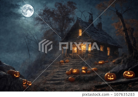 halloween night, old house in mystical forest, around pumpkins, flying bats on big full moon background, scary and fabulous, dark magic 107635283