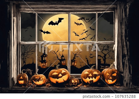 decoration for halloween holiday, pumpkins, jack on lantern on a windowsill, flying bats in night outside the window 107635288