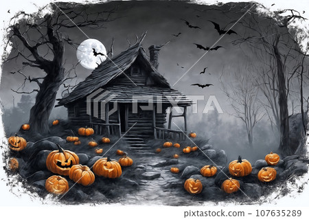 halloween night, old house in mystical forest, around pumpkins, flying bats on big full moon background, scary and fabulous, dark magic 107635289