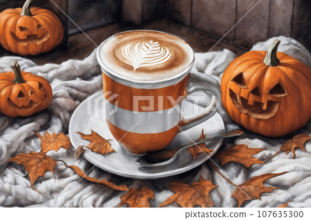 halloween decoration with latte and pumpkins on a wooden table, still life, cozy, holiday background with lights halloween decoration with latte and pumpkins on a wooden table, still life, cozy, holiday background with lights 107635300