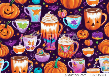 halloween holiday pattern for background, simple illustration of latte cups, pumpkins and leaves 107635301