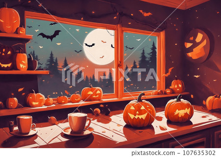 decoration for halloween holiday, still life, a cup of hot latte and pumpkins on a windowsill, flying bats and beautiful autumn landscape outside the window decoration for halloween holiday, still life, a cup of hot latte and pumpkins on a windowsill, flying bats and beautiful autumn landscape outside the window 107635302