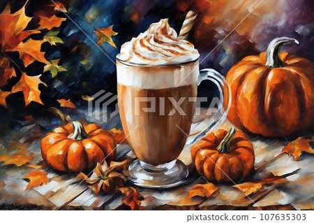 halloween decoration with latte and pumpkins on a wooden table, still life, cozy, holiday background with lights 107635303