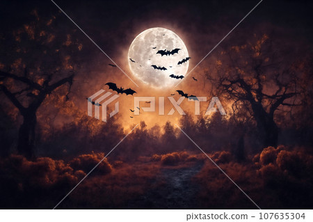 mystical forest on Halloween night, bats on the background of a big full moon in the dark sky, atmospheric and fairytale mystical forest on Halloween night, bats on the background of a big full moon in the dark sky, atmospheric and fairytale 107635304