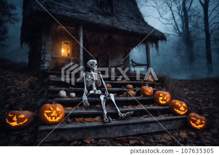 halloween, skeleton in front of the old house, around pumpkins and mystical forest, flying bats on big full moon background, scary and fabulous, dark magic 107635305