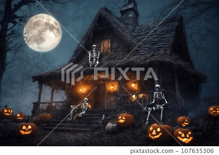 halloween, skeleton in front of the old house, around pumpkins and mystical forest, flying bats on big full moon background, scary and fabulous, dark magic halloween, skeleton in front of the old house, around pumpkins and mystical forest, flying bats on big full moon background, scary and fabulous, dark magic 107635306