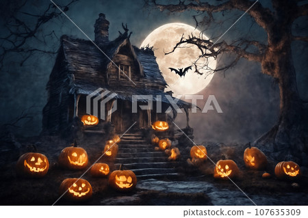 halloween, skeleton in front of the old house, around pumpkins and mystical forest, flying bats on big full moon background, scary and fabulous, dark magic 107635309