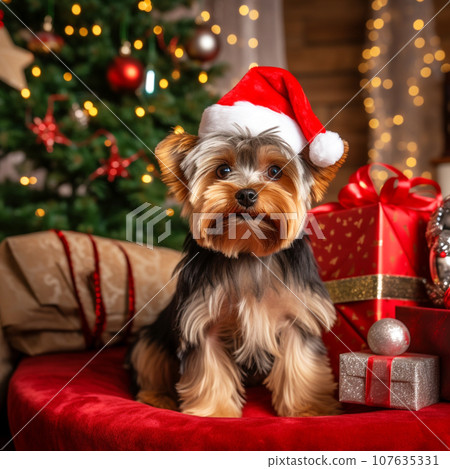 Yorkshire terrier in a Santa hat against the background of a Christmas tree 107635331
