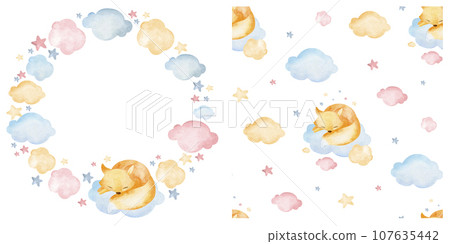 Baby frame template and seamless pattern for kids. A set of watercolor children's illustrations for cards, clothing design, application to fabric and paper 107635442