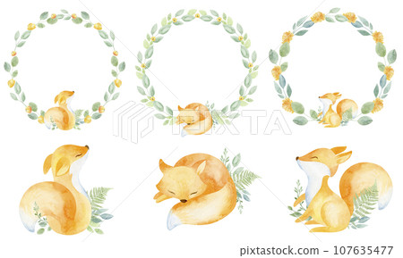 Children's round frame. Wreath of green leaves, fox, yellow flowers on a white background. Watercolor illustration Children's round frame. Wreath of green leaves, fox, yellow flowers on a white background. Watercolor illustration 107635477