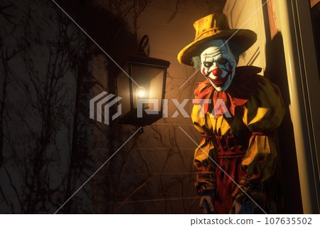 Creepy clown standing in the town with lamp. Halloween festival. Generative AI 107635502