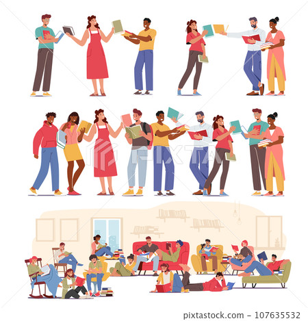 Characters Bookcrossing, Book Enthusiasts Gather To Exchange Their Literary Treasures, Sharing Stories And Knowledge Characters Bookcrossing, Book Enthusiasts Gather To Exchange Their Literary Treasures, Sharing Stories And Knowledge 107635532