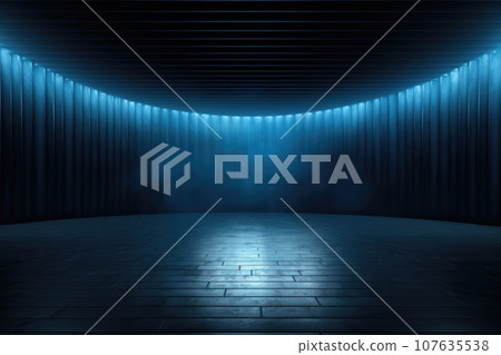 Empty cyberspace room and smooth floor with interesting light glare Background. interior advertising. Generative AI. Empty cyberspace room and smooth floor with interesting light glare Background. interior advertising. Generative AI. 107635538