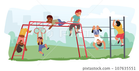 Kids Characters Gleefully Dangle From The Monkey Bars, Their Laughter Filling The Air As They Swing, Climb, And Conquer Kids Characters Gleefully Dangle From The Monkey Bars, Their Laughter Filling The Air As They Swing, Climb, And Conquer 107635551