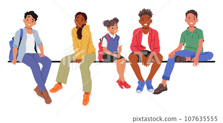 Joyful Diverse Children Sitting Closely Together On A Parapet Or Bench, Sharing Laughter And Friendship, Vector Joyful Diverse Children Sitting Closely Together On A Parapet Or Bench, Sharing Laughter And Friendship, Vector 107635555
