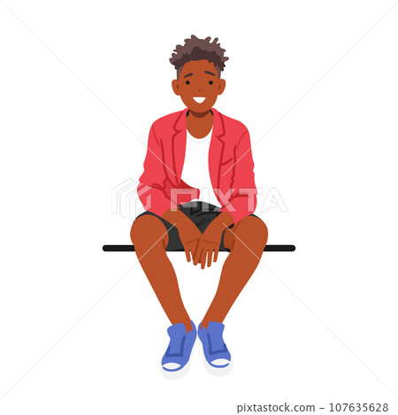 Smiling Teenage Boy Perches On A Bench Or Parapet, Radiating Positivity. His Eyes Light Up With Joy, Carefree Spirit 107635628