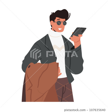 Man Speaks On A Mobile Phone, Male Character Communicates With Others Remotely, Making Calls, Sending Messages Man Speaks On A Mobile Phone, Male Character Communicates With Others Remotely, Making Calls, Sending Messages 107635640