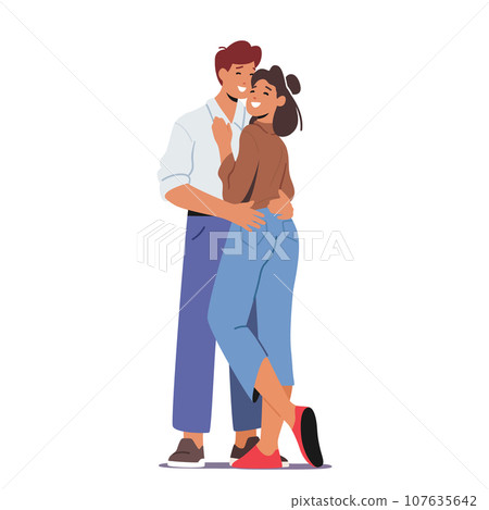 Couple Characters Embrace, Signifies Their Love And Affection For Each Other. It Is A Gesture Of Closeness, Comfort Couple Characters Embrace, Signifies Their Love And Affection For Each Other. It Is A Gesture Of Closeness, Comfort 107635642