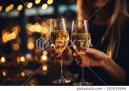 Close up of champagne glasses clinking together during celebration. Generative AI Close up of champagne glasses clinking together during celebration. Generative AI 107635644