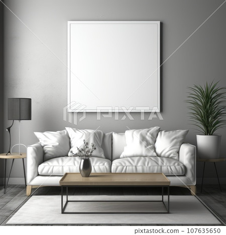 Blank picture frame mockup with luxury sofa on living room. Generative AI 107635650