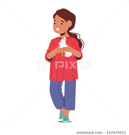 Innocence And Peace Concept with Little Girl Character Cradles A White Dove, Symbolizing Hope And Tranquility 107635652