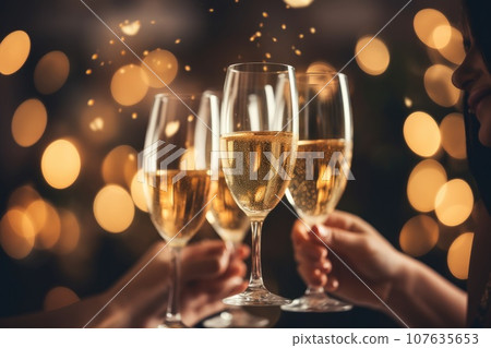 Close up of champagne glasses clinking together during celebration. Generative AI 107635653
