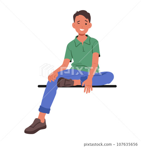 Smile Brightens The Face Of A Teenage Boy As He Sits On A Bench Or Parapet. Relaxed Posture And Joyful Expression Smile Brightens The Face Of A Teenage Boy As He Sits On A Bench Or Parapet. Relaxed Posture And Joyful Expression 107635656