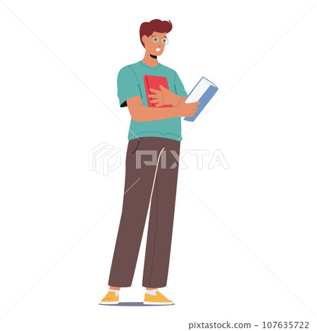 Scholarly Man in Glasses Stands, Books Cradled In His Hands, A Portrait Of Knowledge And Wisdom Vector Illustration 107635722