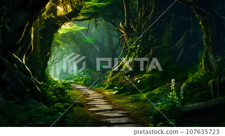 Illuminated path in elven forest 107635723