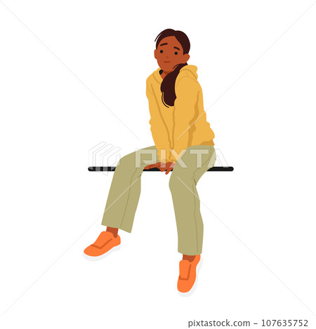 Joyful Teenage Girl Character Radiating Happiness Sits Gracefully On A Parapet Or Bench, Her Vibrant Smile Lighting Up 107635752