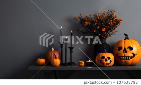 Modern interior with festive Halloween decorations Modern interior with festive Halloween decorations 107635788