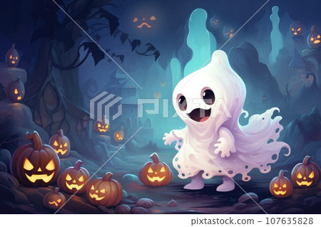 Mystery cute ghost with halloween background. Generative AI Mystery cute ghost with halloween background. Generative AI 107635828
