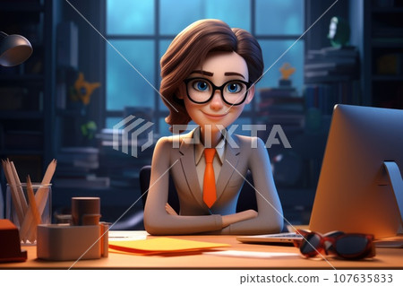 Business woman cartoon character working at office. Generative AI 107635833