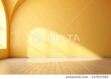 Empty yellow wall and smooth floor with interesting light glare Background. interior advertising. Generative AI. Empty yellow wall and smooth floor with interesting light glare Background. interior advertising. Generative AI. 107635960
