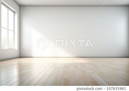 Empty white wall and smooth floor with interesting light glare Background. interior advertising. Generative AI. 107635961
