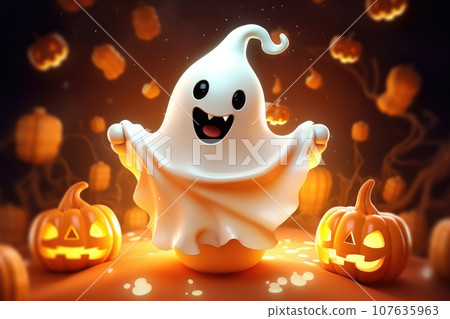 Mystery cute ghost with halloween background. Generative AI 107635963
