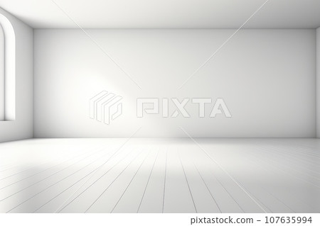 Empty white wall and smooth floor with interesting light glare Background. interior advertising. Generative AI. 107635994
