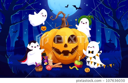 Halloween kawaii ghosts and big pumpkin in night holiday forest with bats and tombstones. Vector cute ghosts and spirits monsters cartoon characters, trick or treat pumpkin lantern, candies, witch hat Halloween kawaii ghosts and big pumpkin in night holiday forest with bats and tombstones. Vector cute ghosts and spirits monsters cartoon characters, trick or treat pumpkin lantern, candies, witch hat 107636030